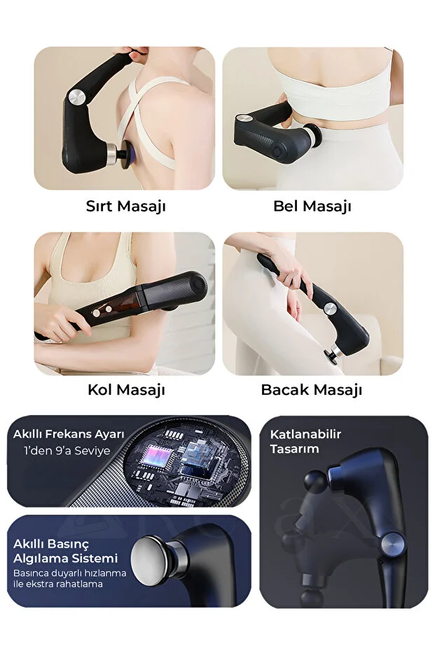 Relax Isıtmalı Soğutmalı Katlanabilir Siyah Masaj Tabancası Şarjlı 10 Başlık 9 Hız